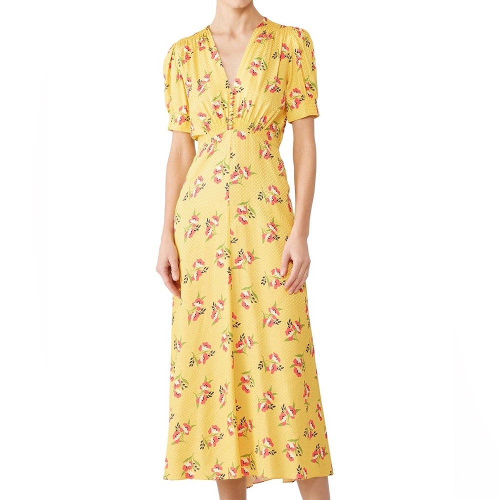 Jill Stuart Vibrant Yellow Floral print jacquard hourglass short sleeve Dress